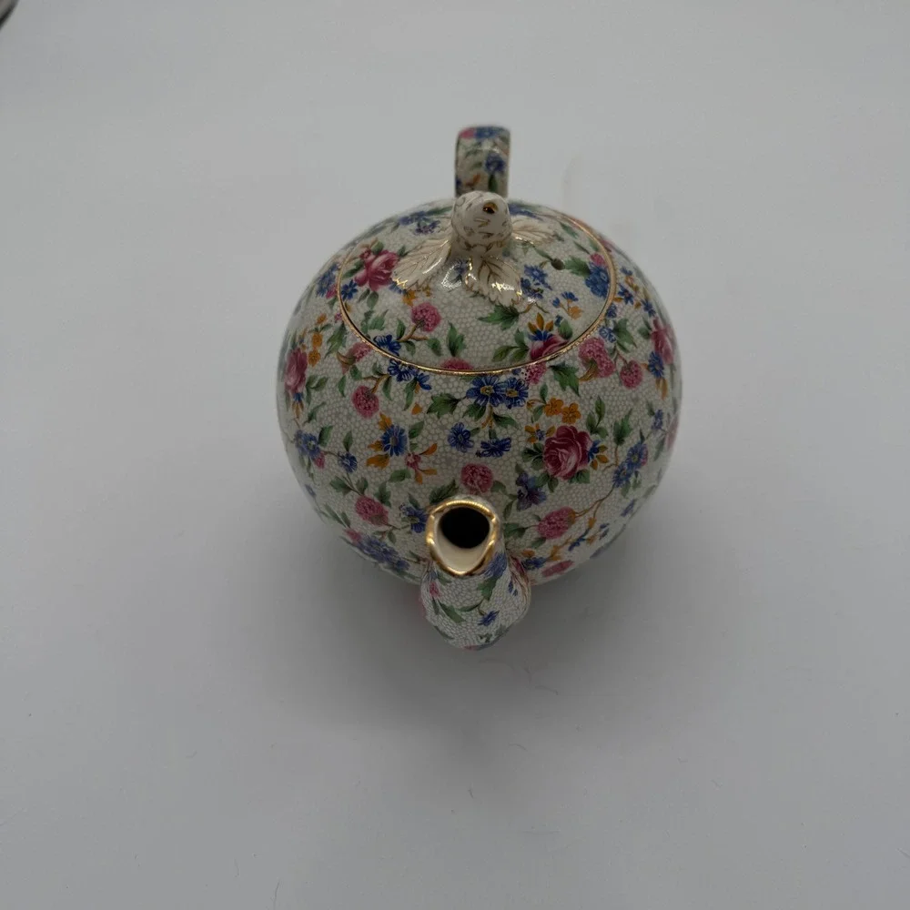 Royal Winton Grimwades Old Cottage Chintz Teapot Bird Finial Gold Trim Floral